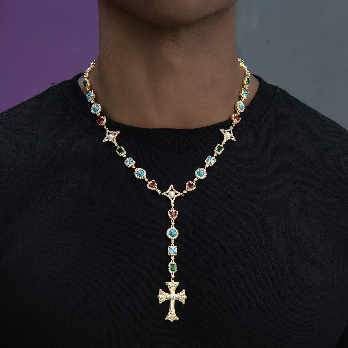 Colored Gemstone Pearl Rosary Chain Necklace in Yellow Gold