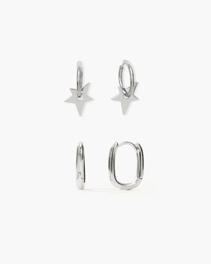 Silver Star & Link Earrings Set