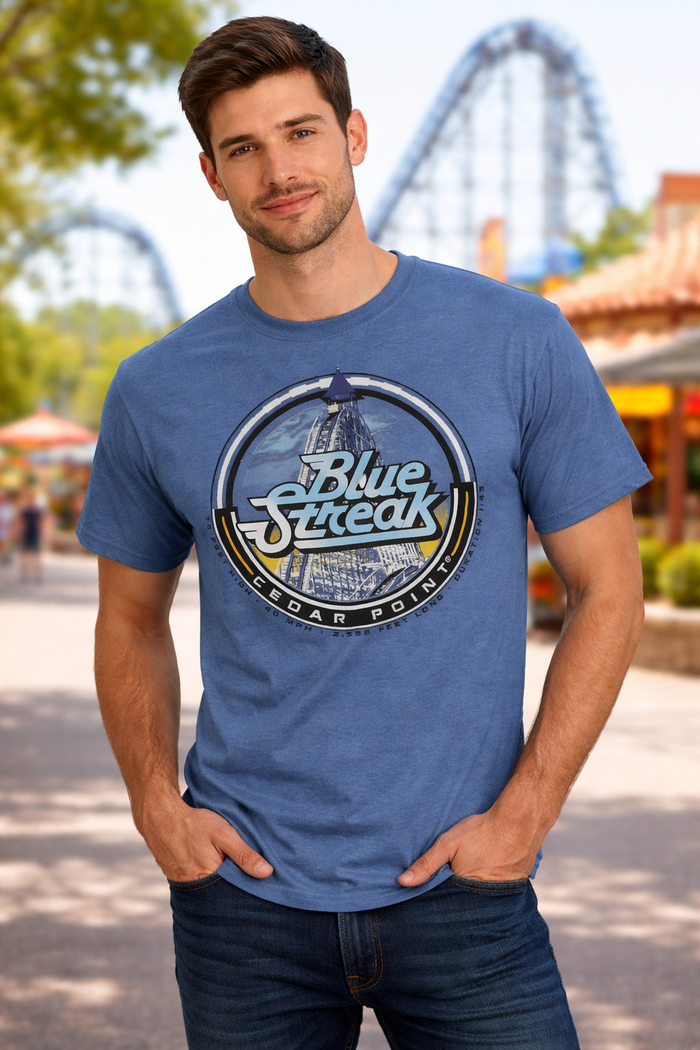 CEDAR POINT BLUE STREAK CIRCLE SIGN INDIGO TEE